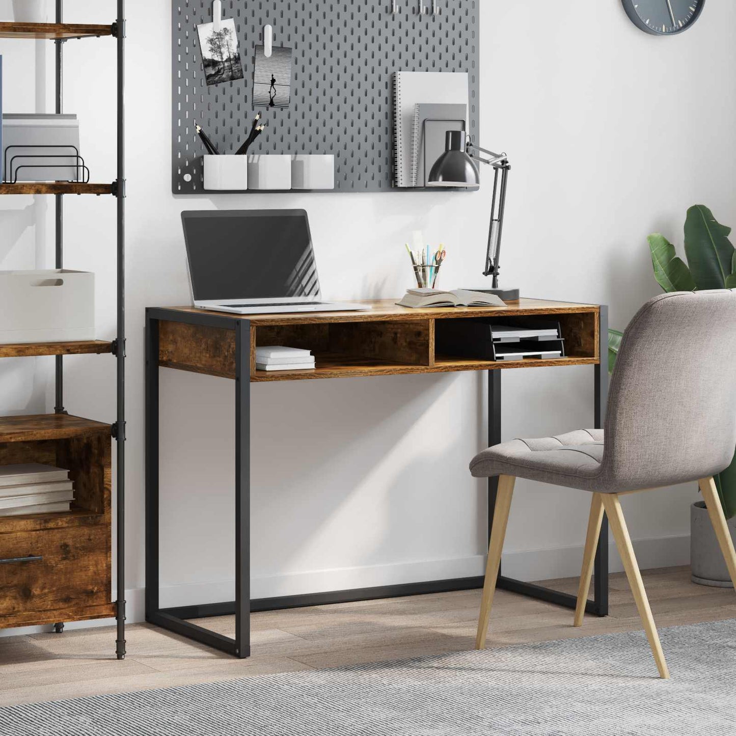 Desk with Storage Smoke Oak 100 x 50 x 75 cm Engineered Wood