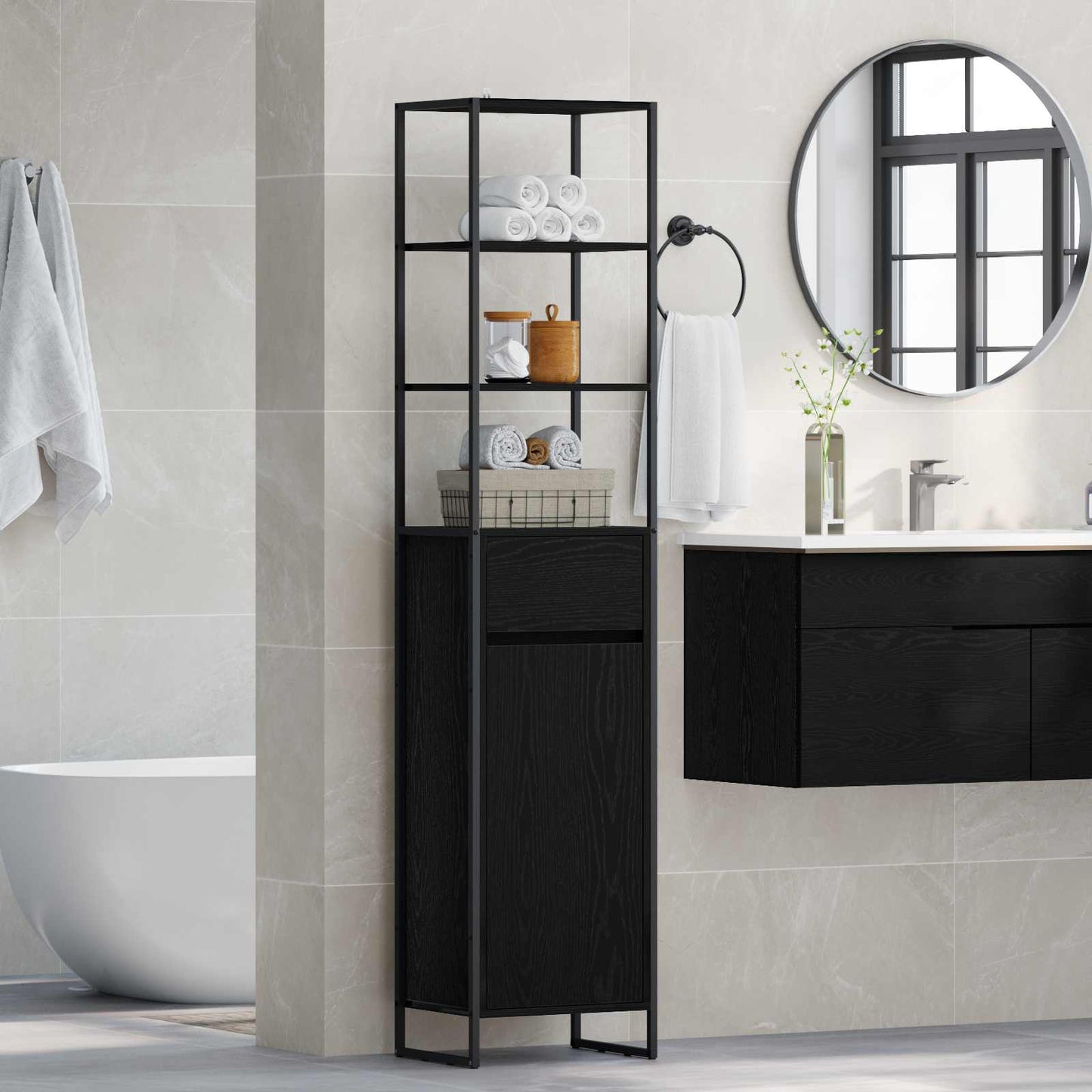 Bathroom Cabinet Black Oak 40 x 30 x 180 cm Engineered Wood