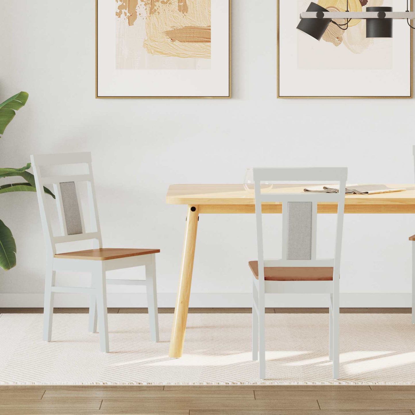 Dining Chair 2 pcs White and Natural Solid Rubber Wood