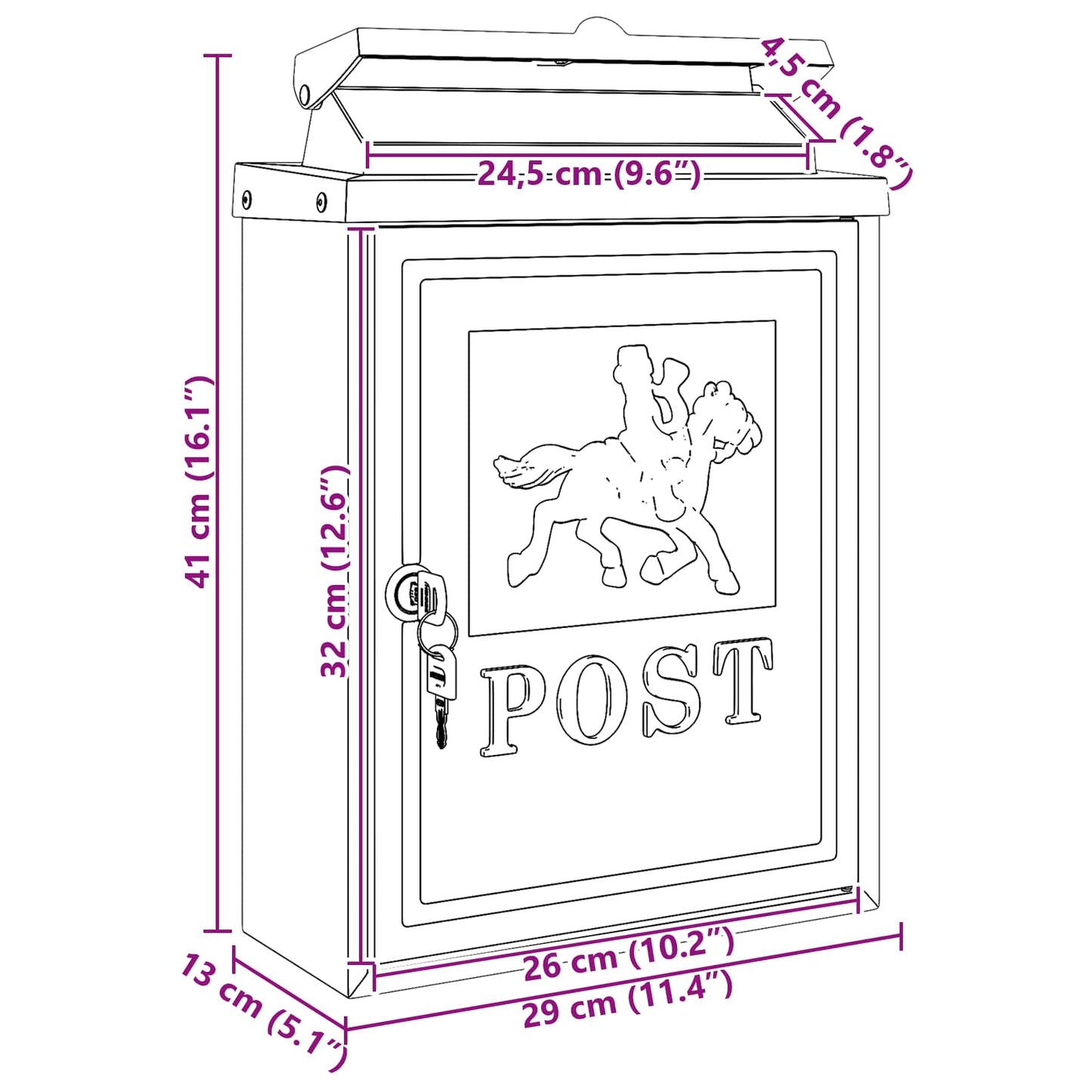 Wall Mounted Mailbox Bronze 29 x 13 x 41 cm Cast Aluminum