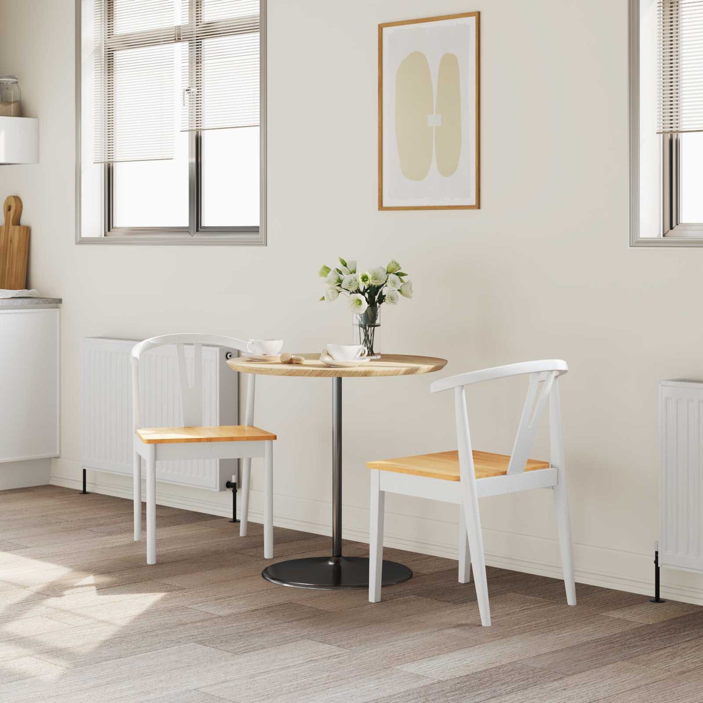 Dining Chair 2 pcs White and Natural Solid Rubber Wood