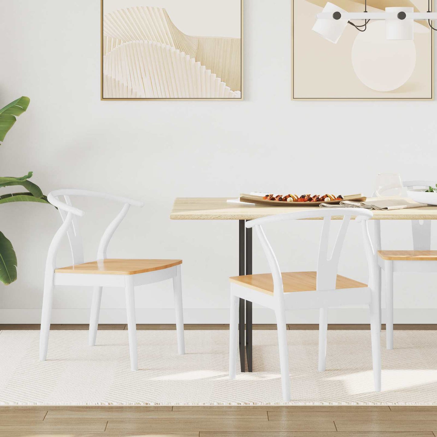 Dining Chair 2 pcs White and Natural Solid Rubber Wood