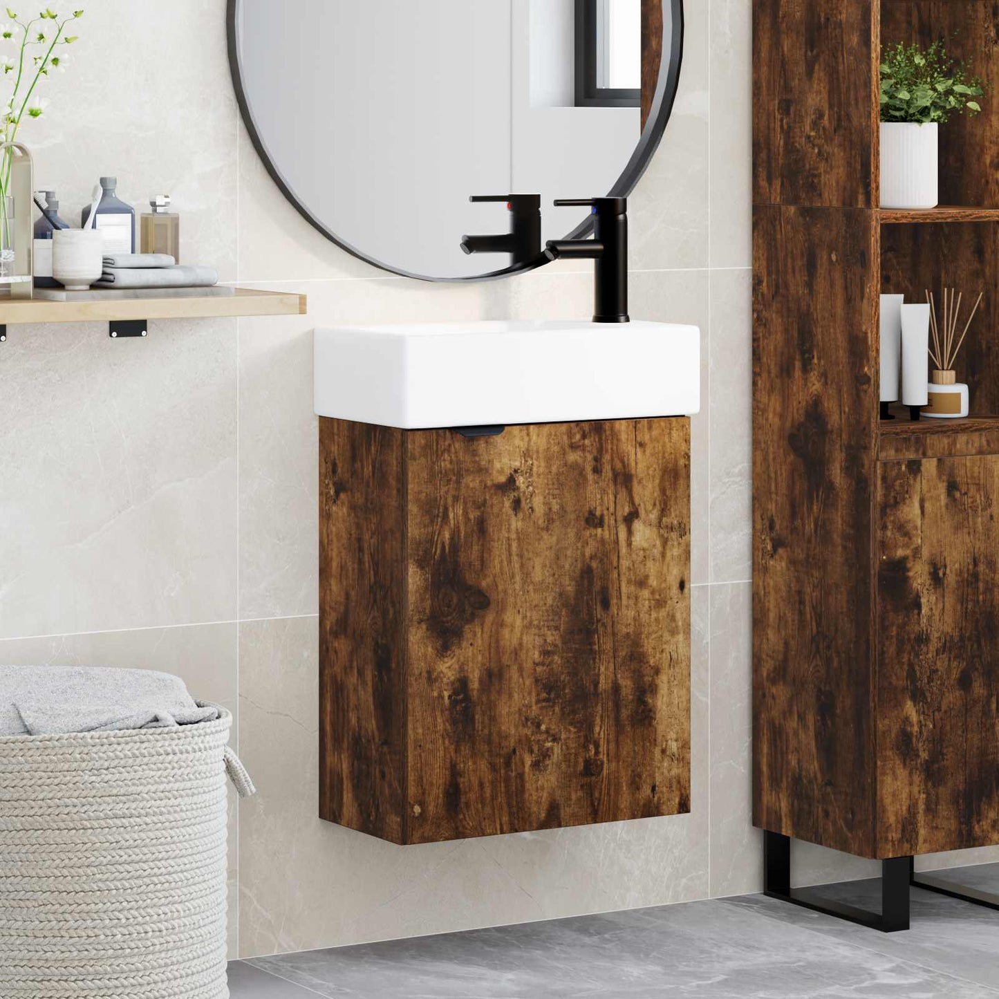 Bathroom Vanity Unit with Tap Smoked Oak 45.5 x 22.5 x 84 cm