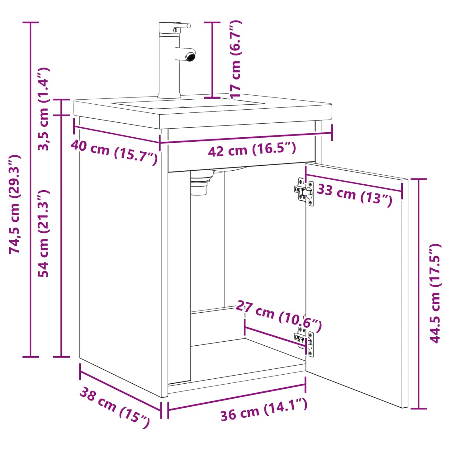 Bathroom Vanity Unit with Tap Smoked Oak 42 x 40 x 74.5 cm