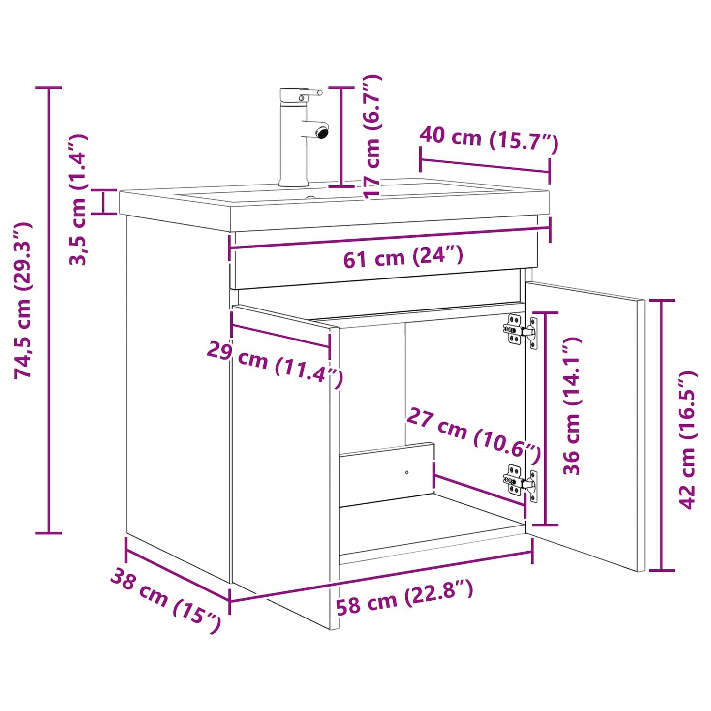 Bathroom Vanity Unit with Tap Black Oak 61 x 40 x 74.5 cm