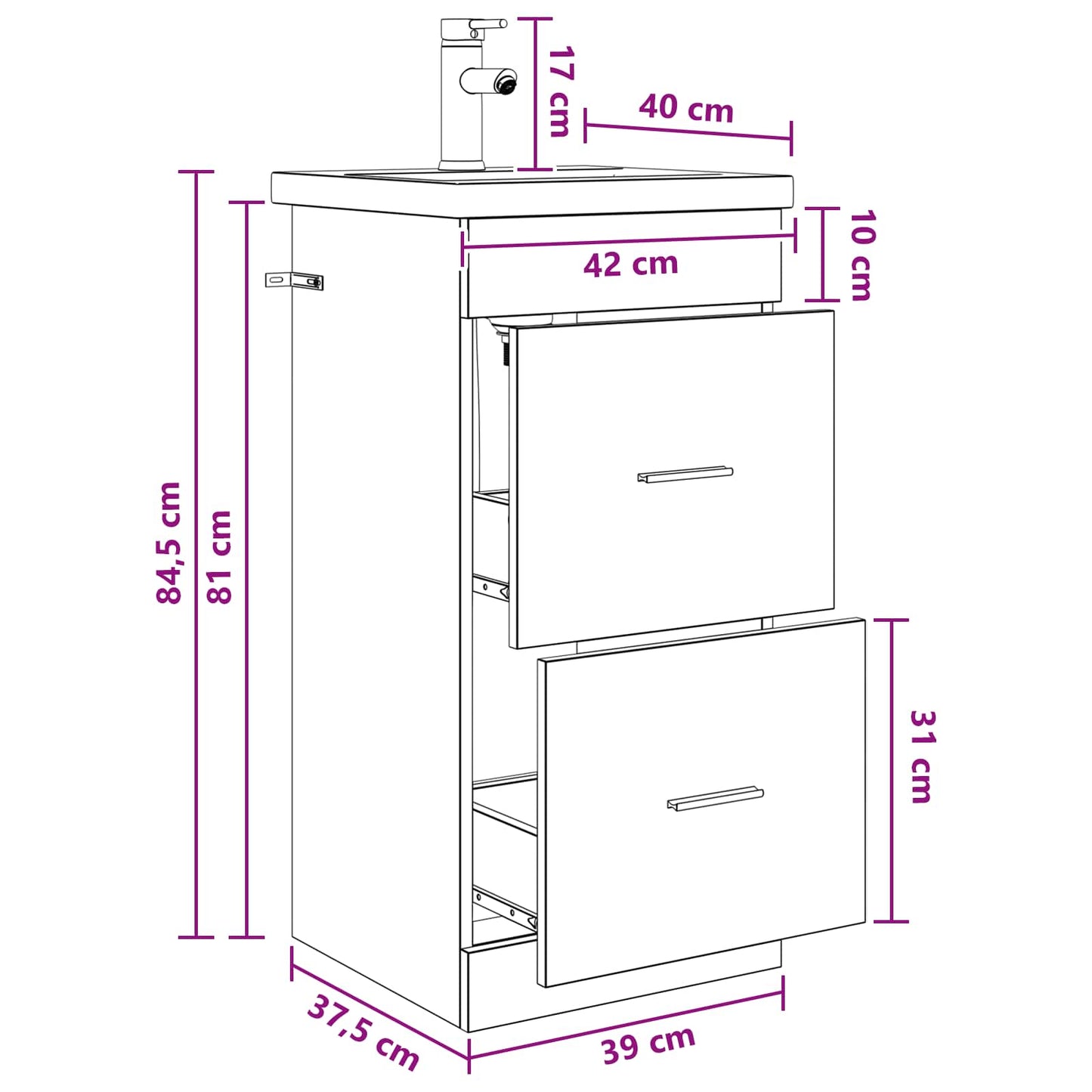 Bathroom Vanity with Sink Black Oak 42 x 40 x 84.5 cm