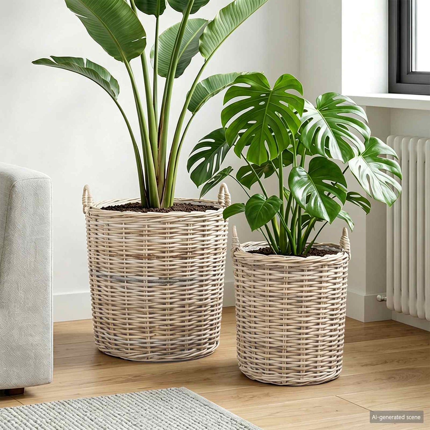 Planter Basket with Storage 2 pcs Natural Grey Kubu Rattan