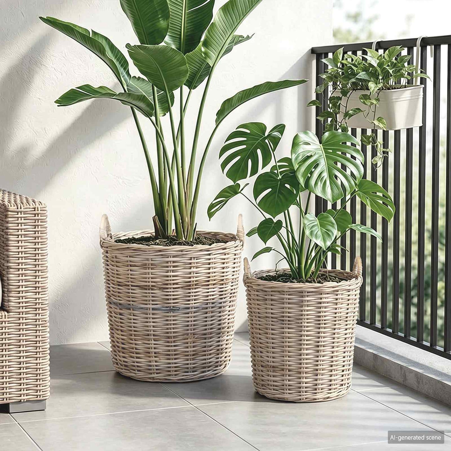 Planter Basket with Storage 2 pcs Natural Grey Kubu Rattan