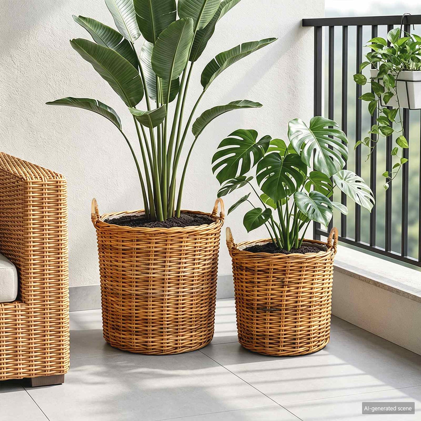 Planter Basket with Storage 2 pcs Natural Brown Kubu Rattan
