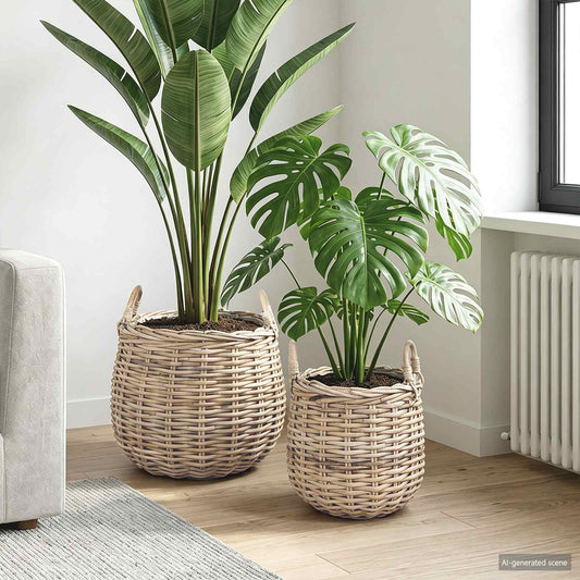 Planter Basket with Storage 2 pcs Natural Grey Kubu Rattan
