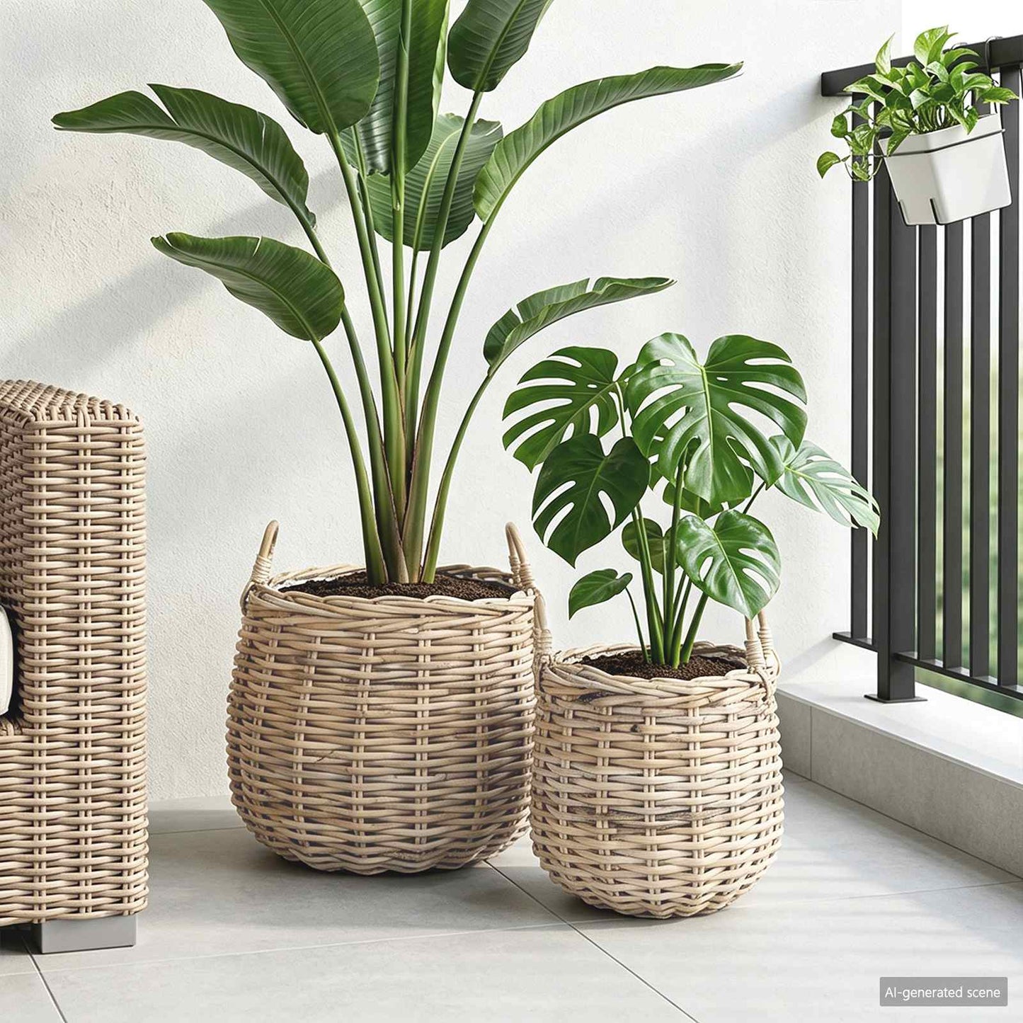 Planter Basket with Storage 2 pcs Natural Grey Kubu Rattan