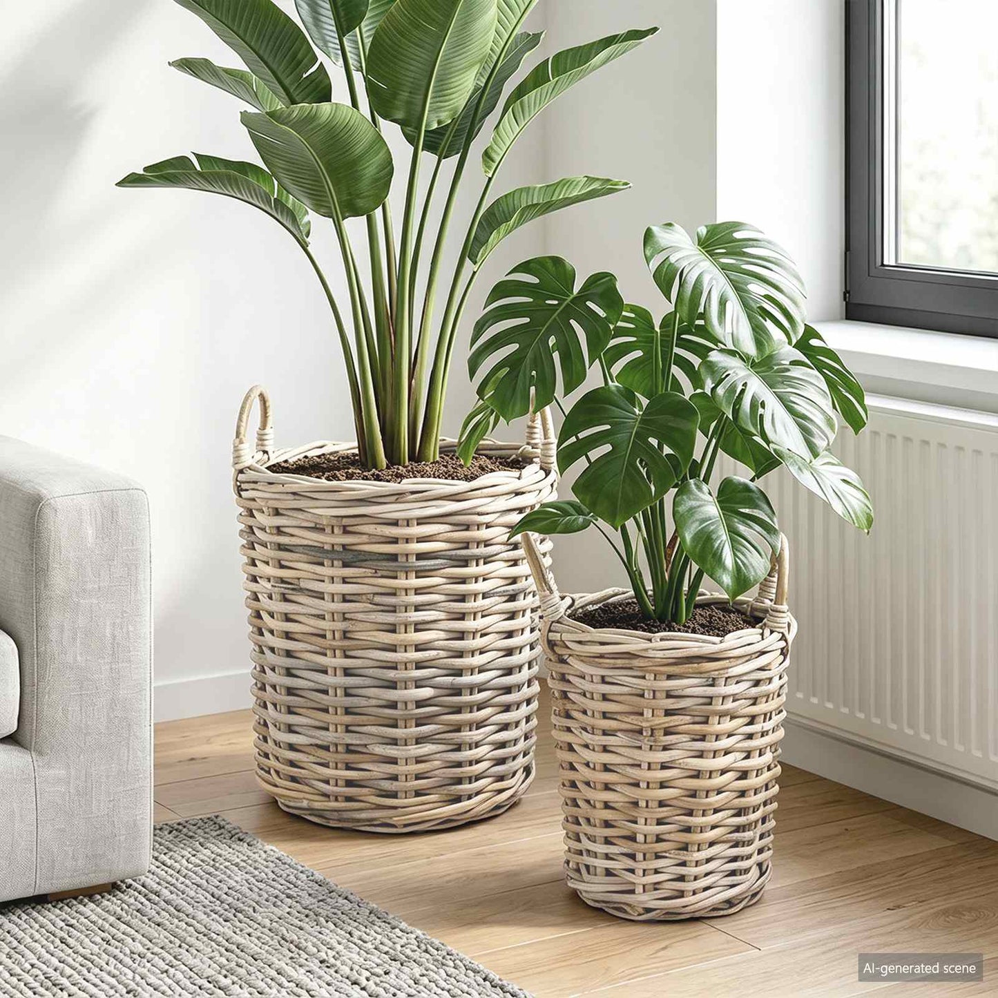 Planter Basket with Storage 2 pcs Natural Grey Kubu Rattan