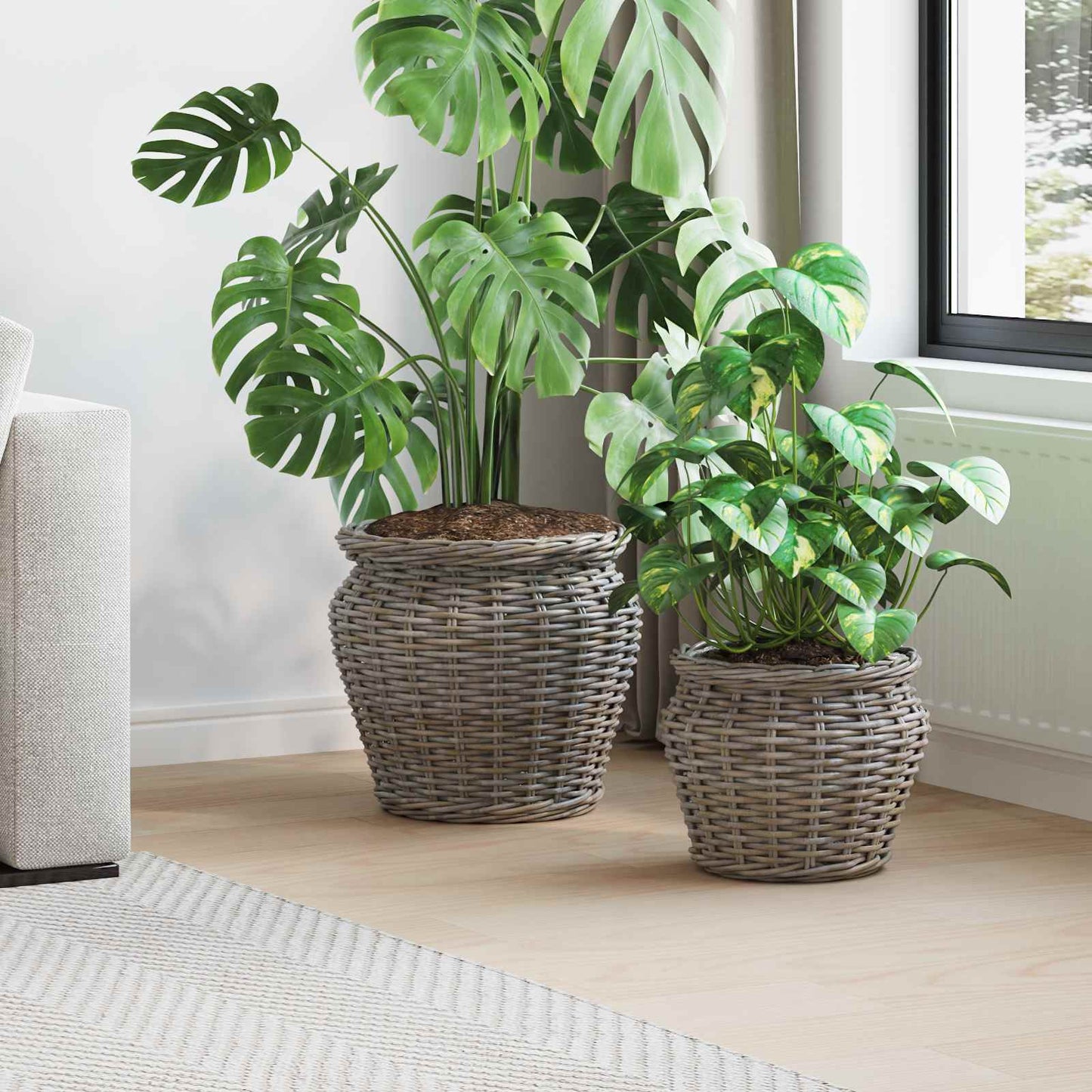 Planter Basket with Storage 2 pcs Grey Lacak Rattan