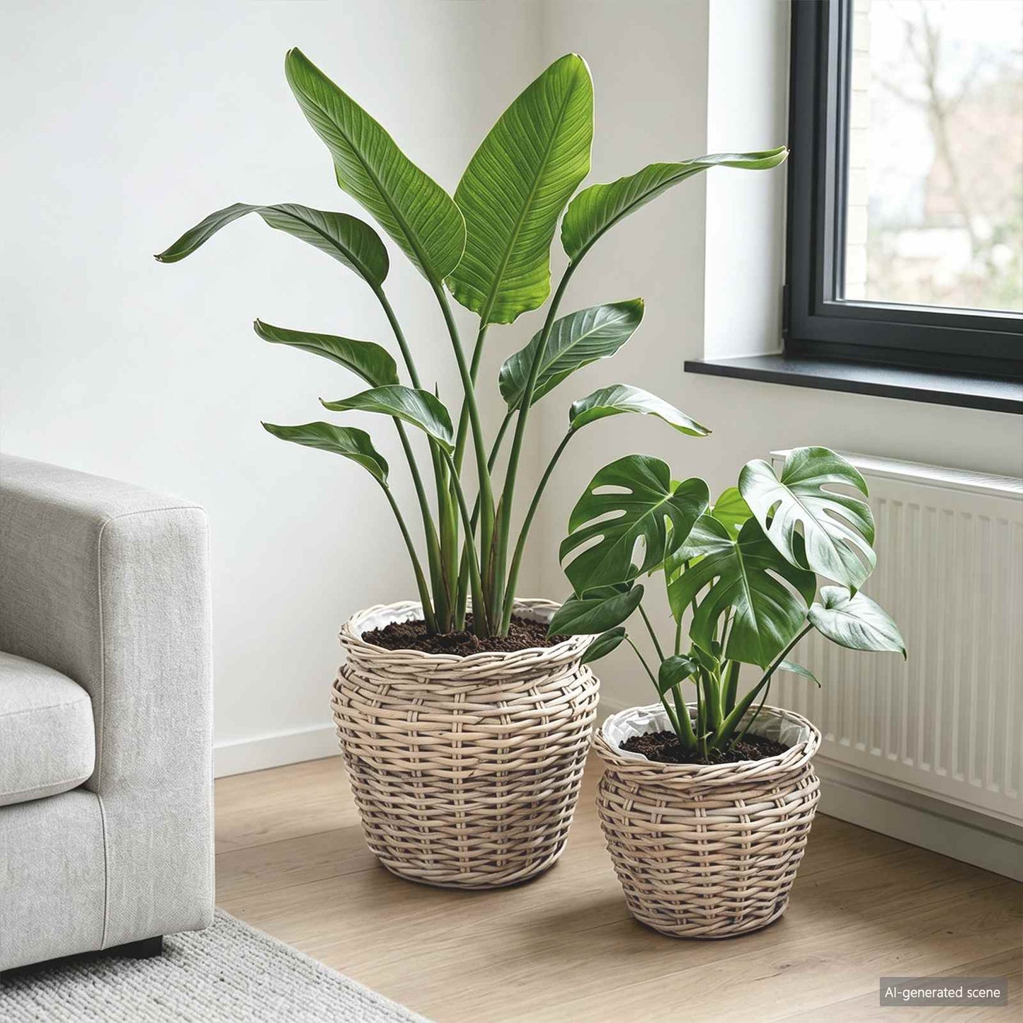 Planter Basket with Storage 2 pcs Natural Grey Kubu Rattan