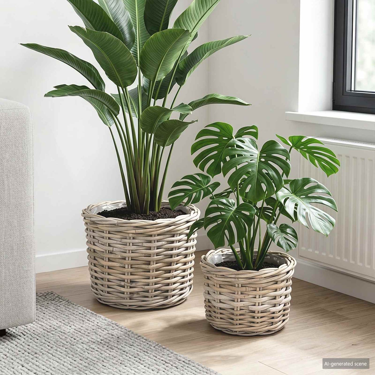 Planter Basket with Storage 2 pcs Natural Grey Kubu Rattan
