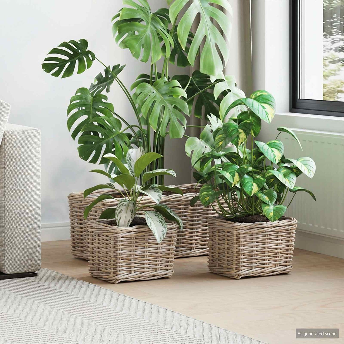 Planter Basket with Storage 3 pcs Natural Grey Kubu Rattan