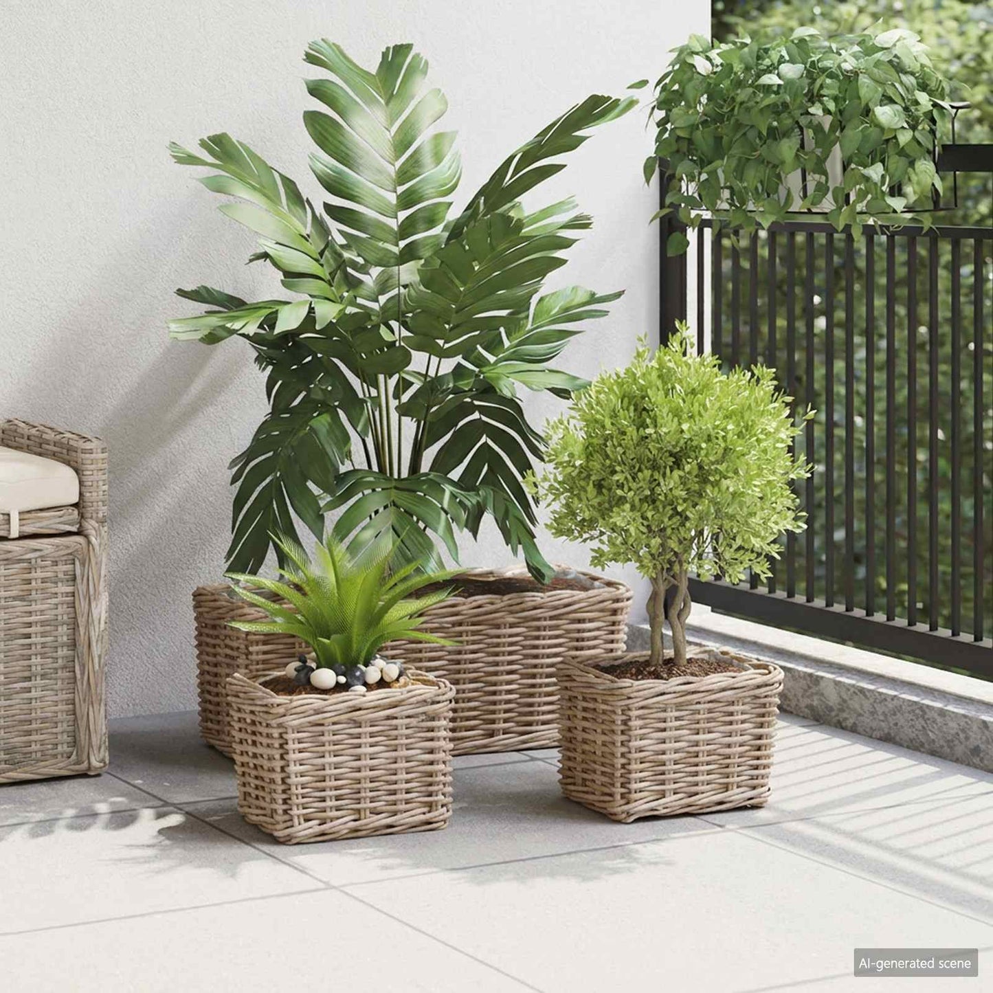 Planter Basket with Storage 3 pcs Natural Grey Kubu Rattan