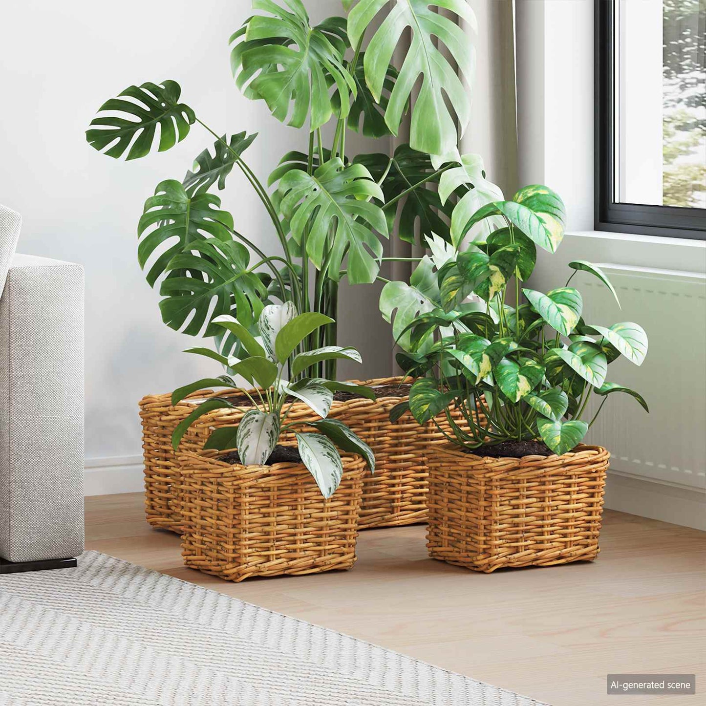 Planter Basket with Storage 3 pcs Natural Brown Kubu Rattan