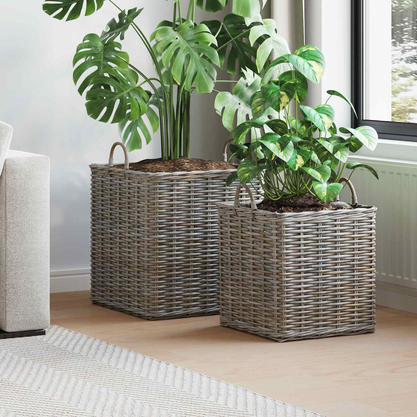 Planter Basket with Storage 2 pcs Grey Lacak Rattan