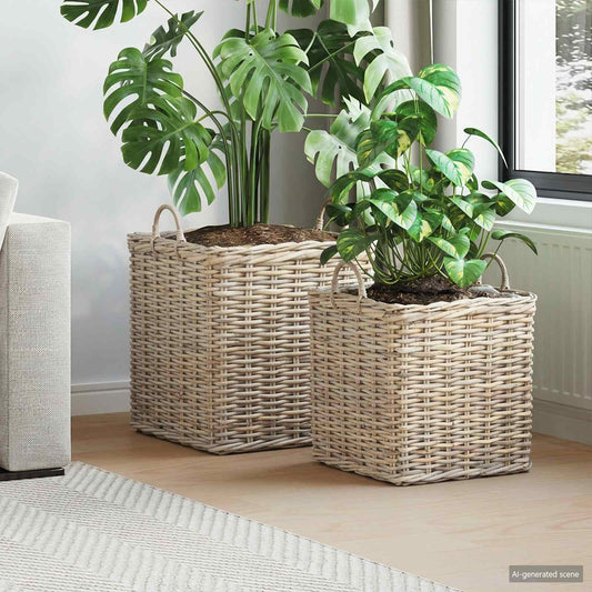Planter Basket with Storage 2 pcs Natural Grey Kubu Rattan