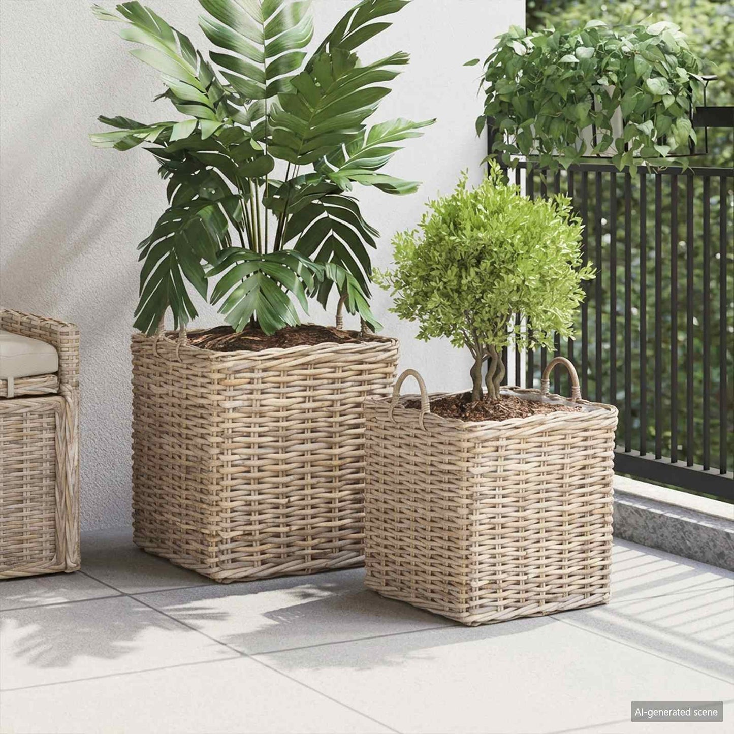 Planter Basket with Storage 2 pcs Natural Grey Kubu Rattan