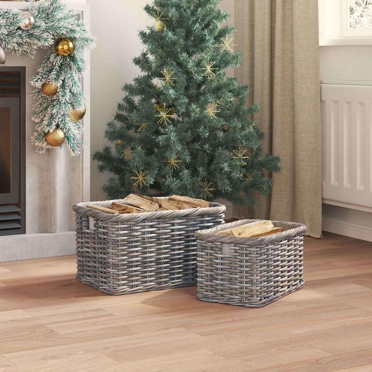 Firewood Basket 2 pcs Grey Lacak Rattan