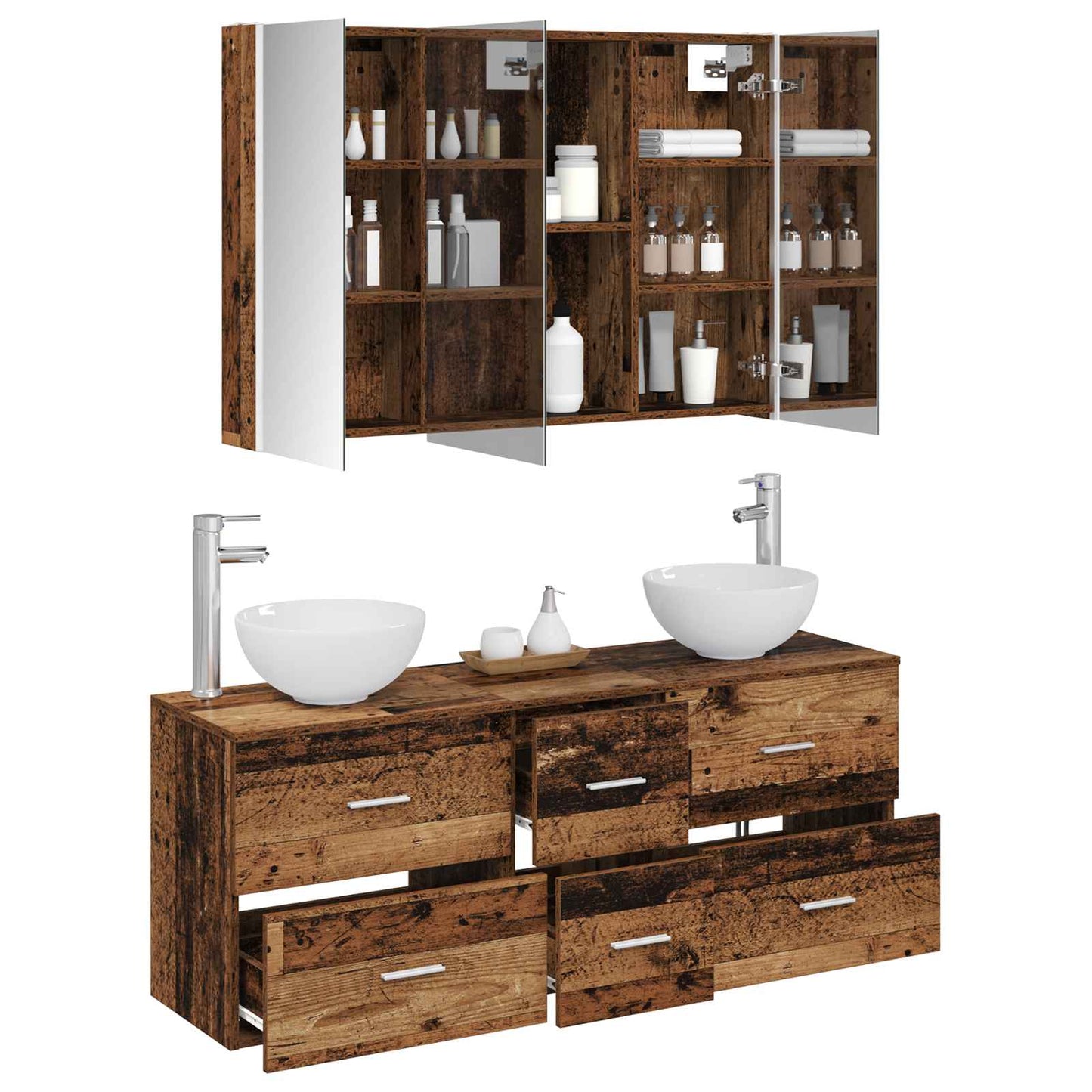 Bathroom Furniture Set 4 pcs Old Wood Engineered Wood and Glass