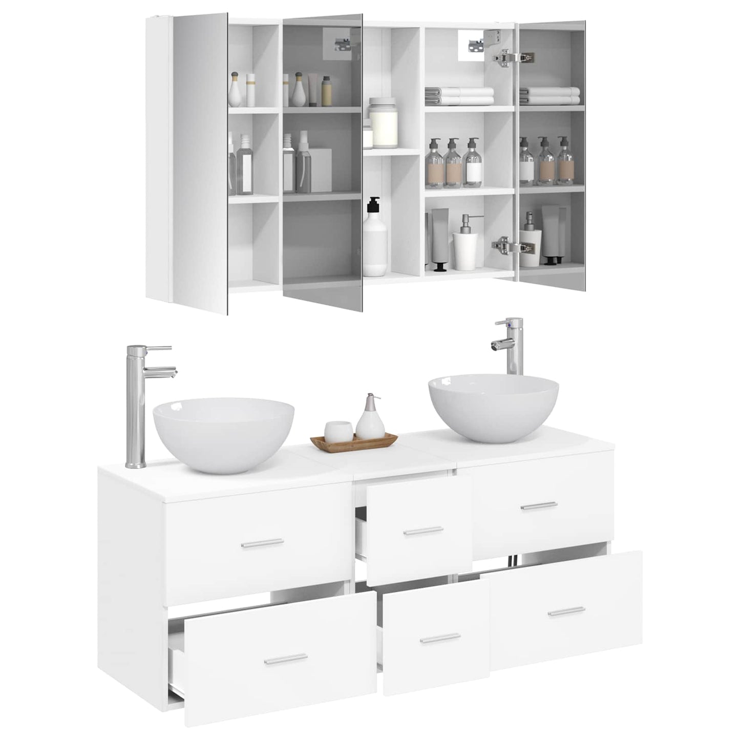 Bathroom Furniture Set 4 pcs White Engineered Wood and Glass