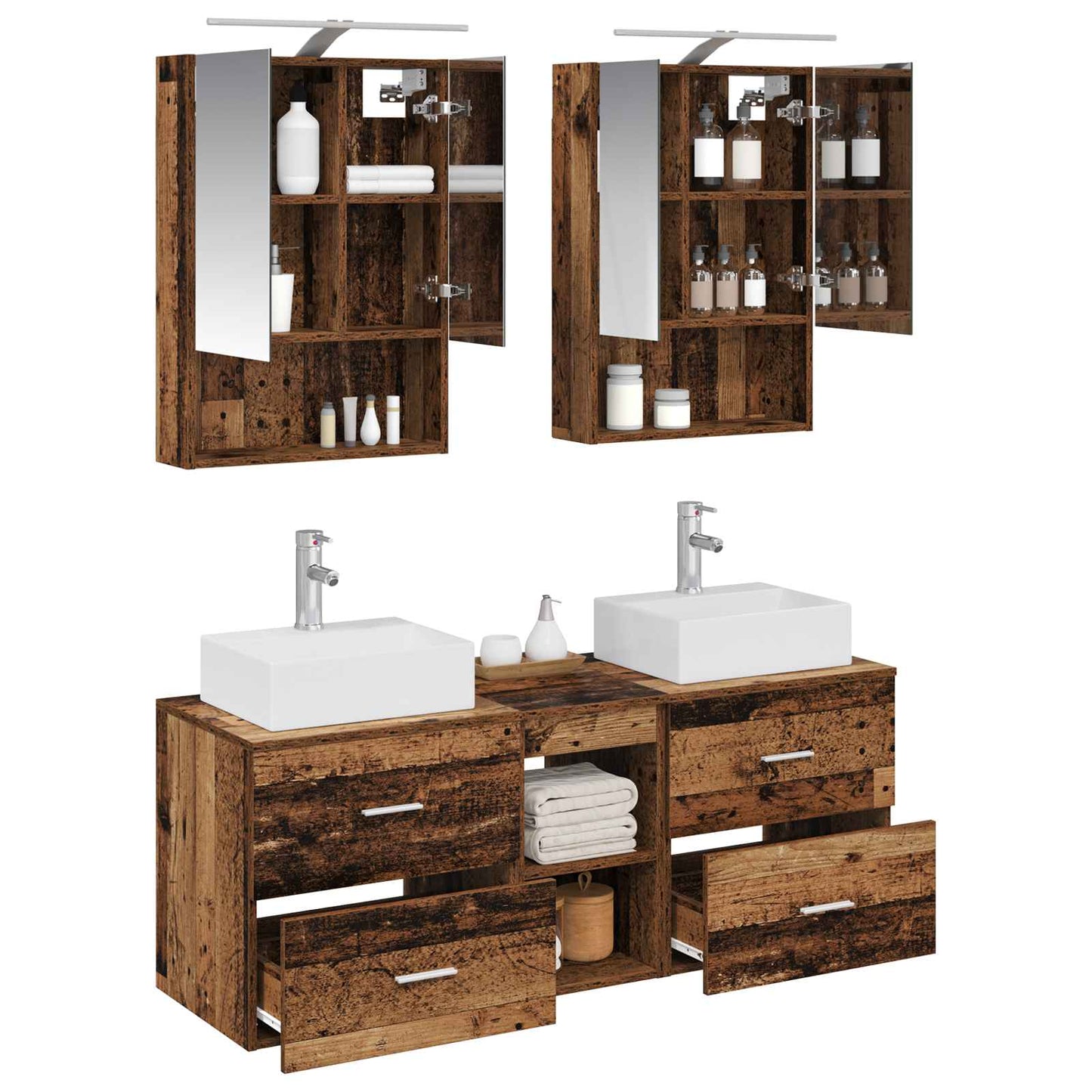 Bathroom Furniture Set 5 pcs Old Wood Engineered Wood and Glass