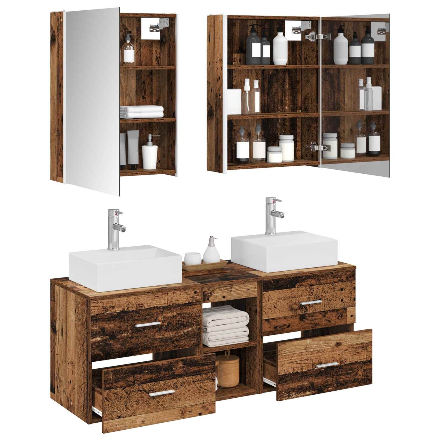 Bathroom Furniture Set 5 pcs Old Wood Engineered Wood and Glass