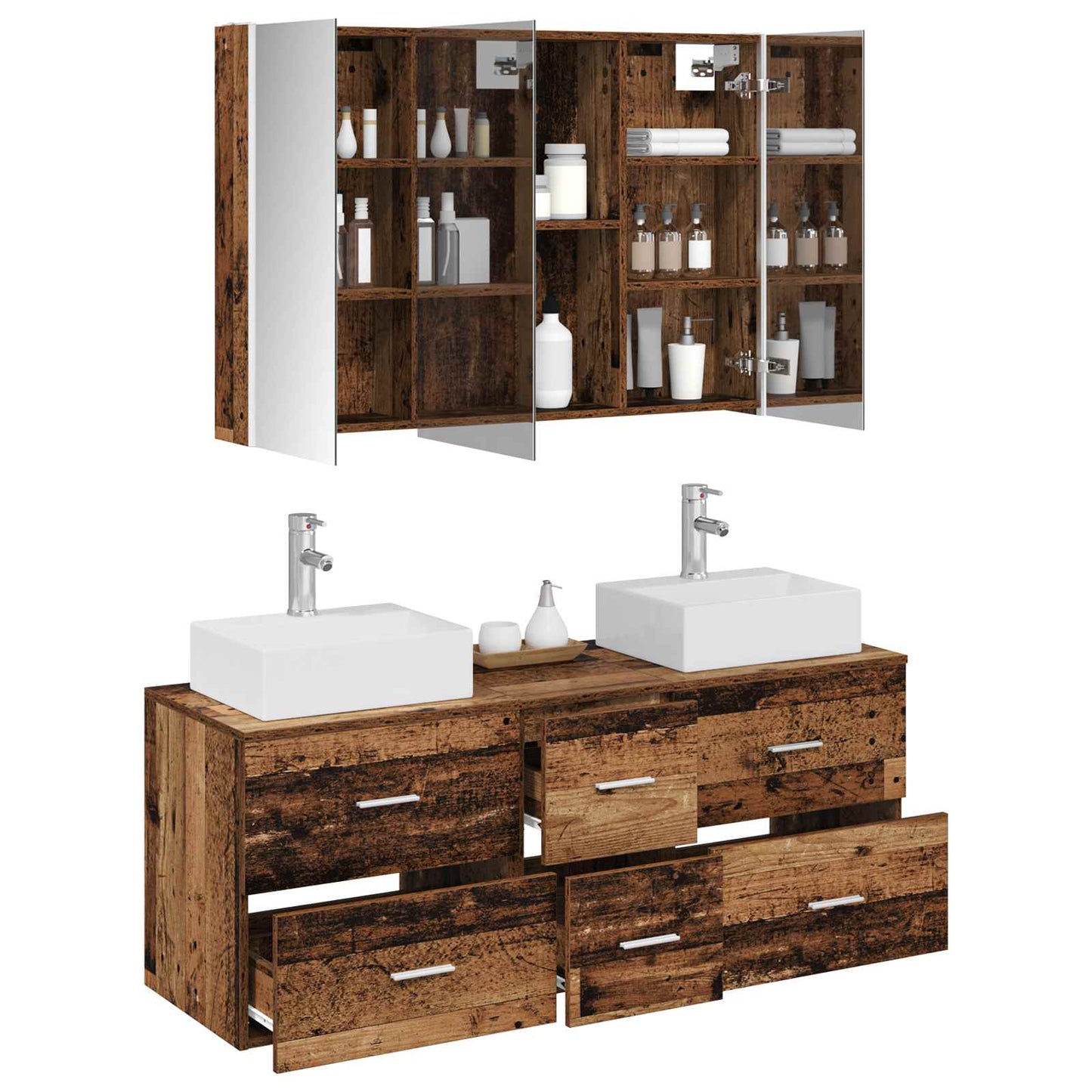 Bathroom Furniture Set 4 pcs Old Wood Engineered Wood and Glass