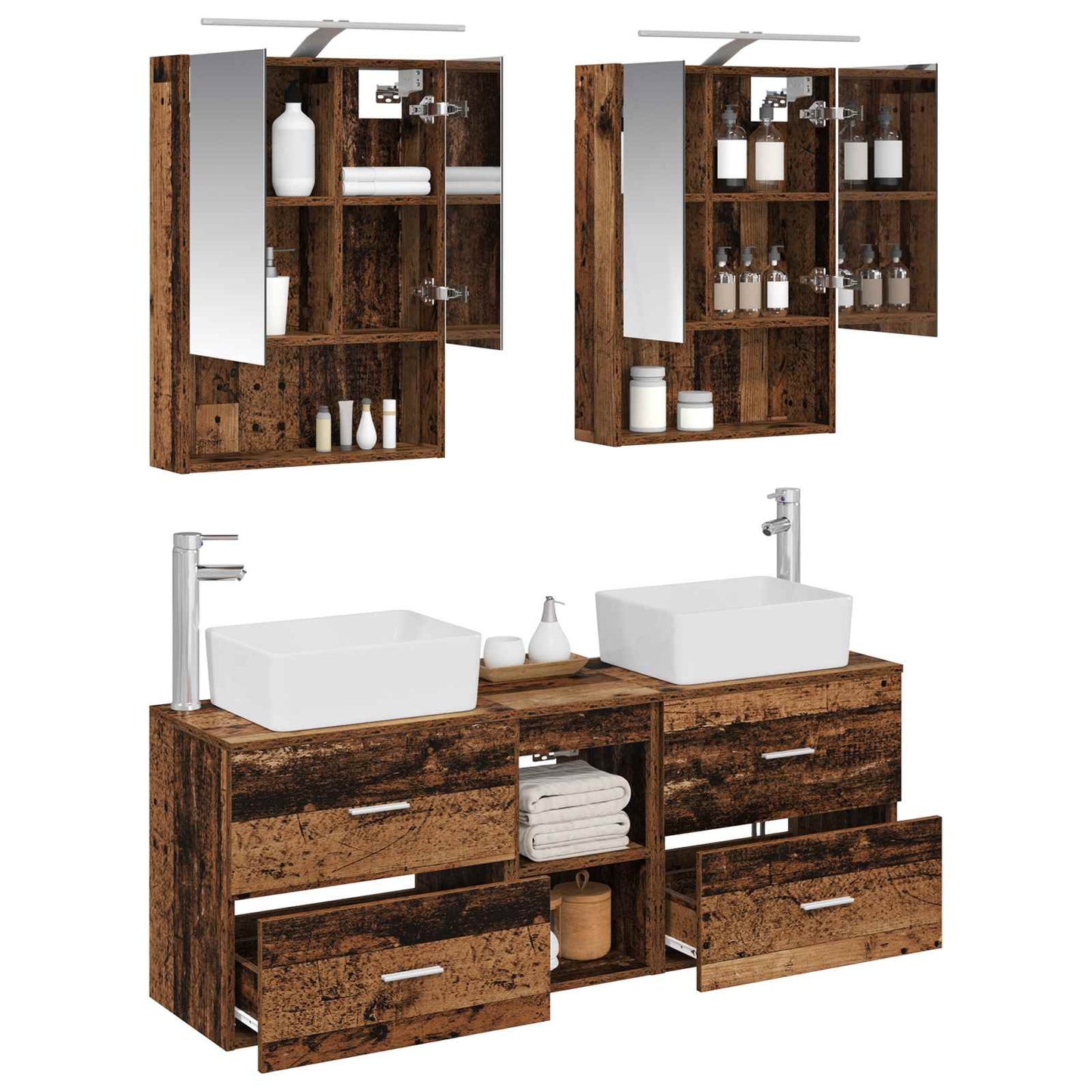 Bathroom Furniture Set 5 pcs Old Wood Engineered Wood and Glass
