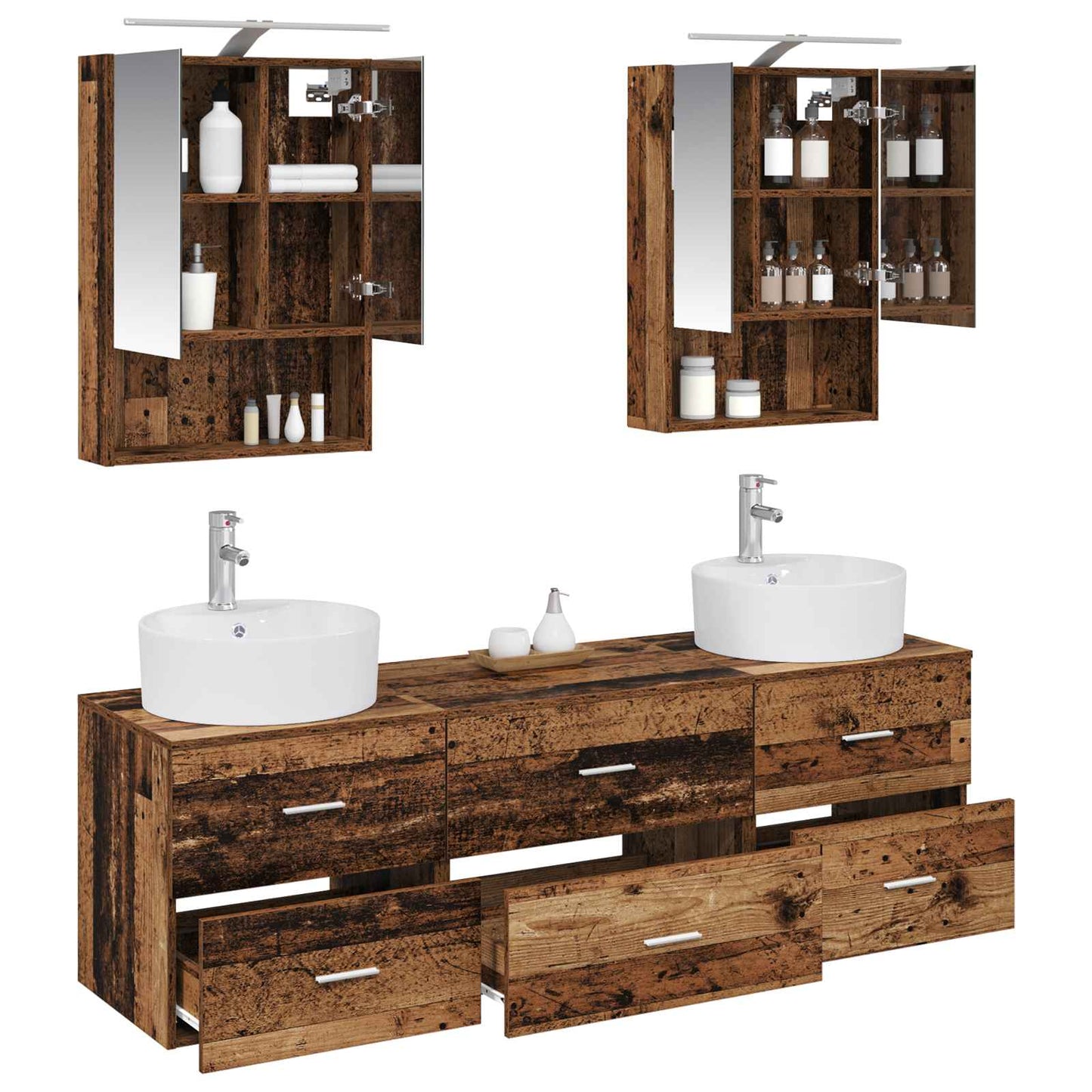 Bathroom Furniture Set 5 pcs Old Wood Engineered Wood and Glass