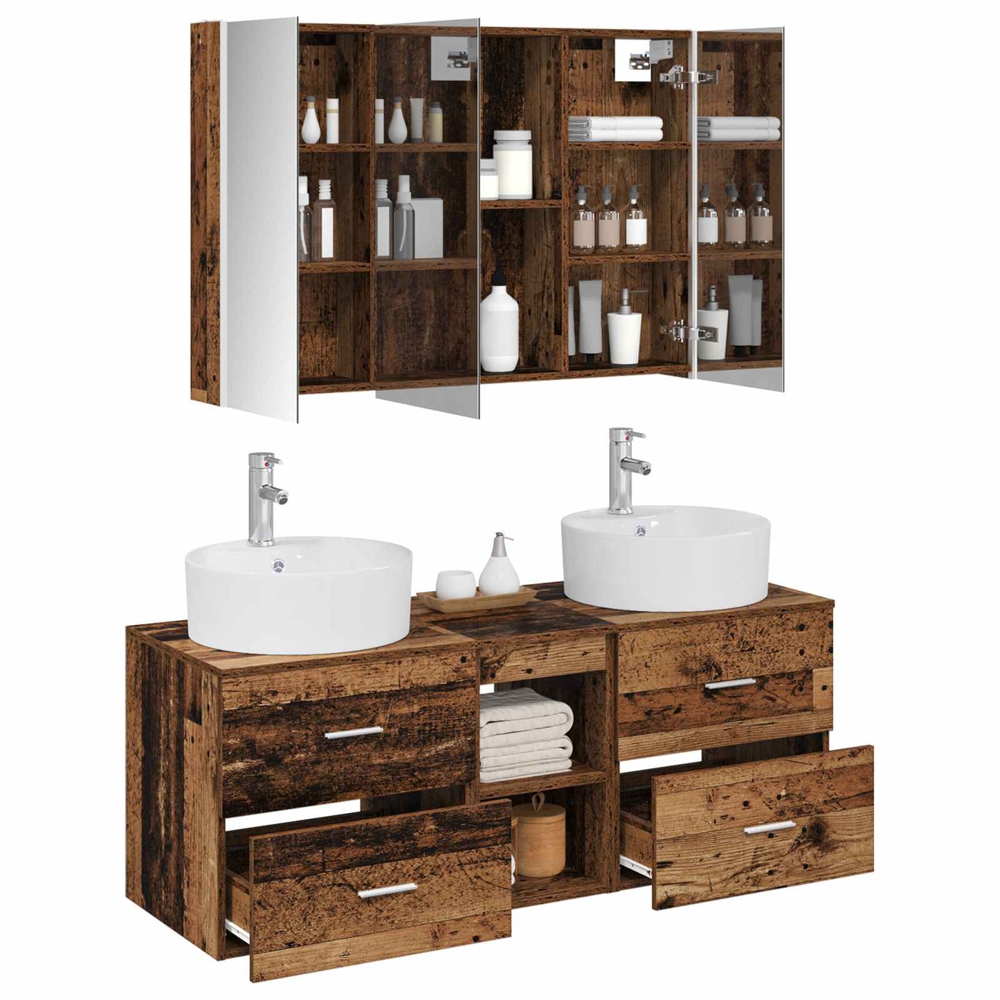 Bathroom Furniture Set 4 pcs Old Wood Engineered Wood and Glass