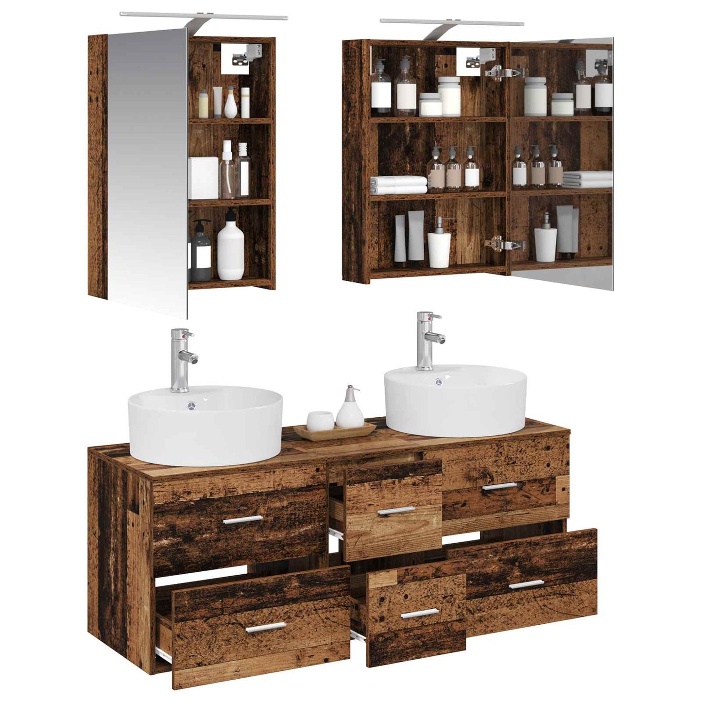 Bathroom Furniture Set 5 pcs Old Wood Engineered Wood and Glass