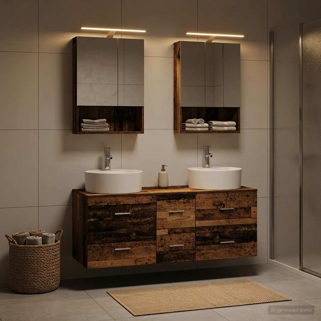 Bathroom Furniture Set 5 pcs Old Wood Engineered Wood and Glass