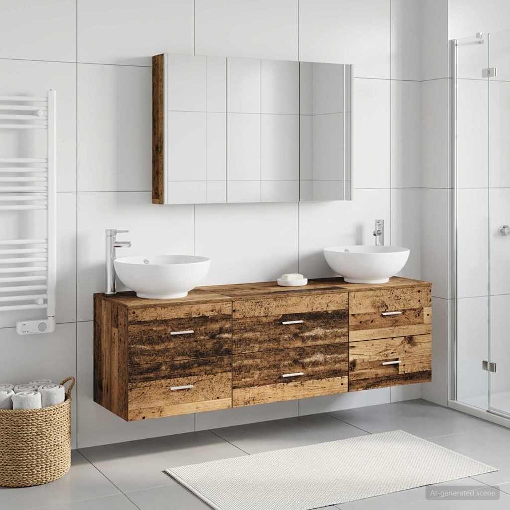 Bathroom Furniture Set 4 pcs Old Wood Engineered Wood and Glass
