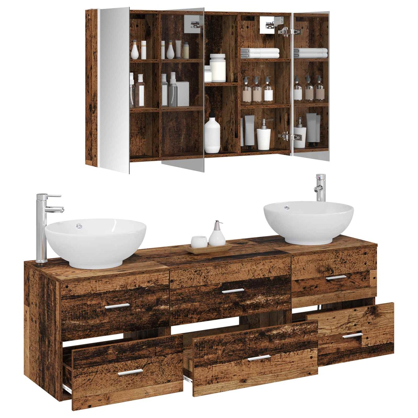 Bathroom Furniture Set 4 pcs Old Wood Engineered Wood and Glass