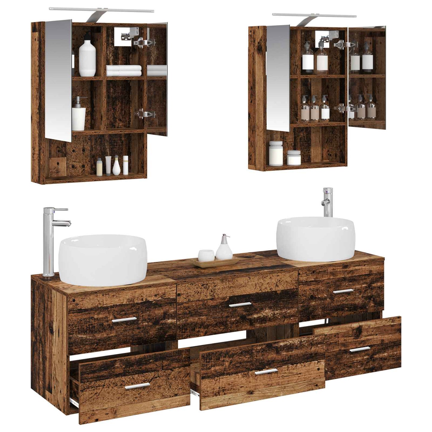Bathroom Furniture Set 5 pcs Old Wood Engineered Wood and Glass