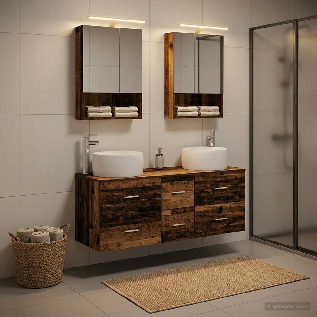 Bathroom Furniture Set 5 pcs Old Wood Engineered Wood and Glass