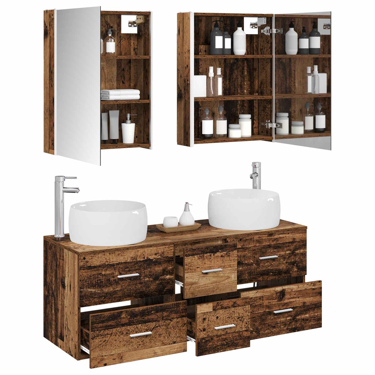 Bathroom Furniture Set 5 pcs Old Wood Engineered Wood and Glass