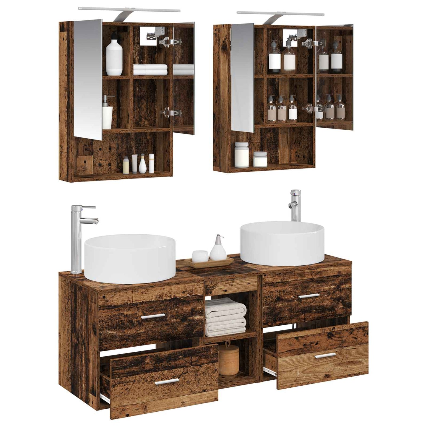 Bathroom Furniture Set 5 pcs Old Wood Engineered Wood and Glass
