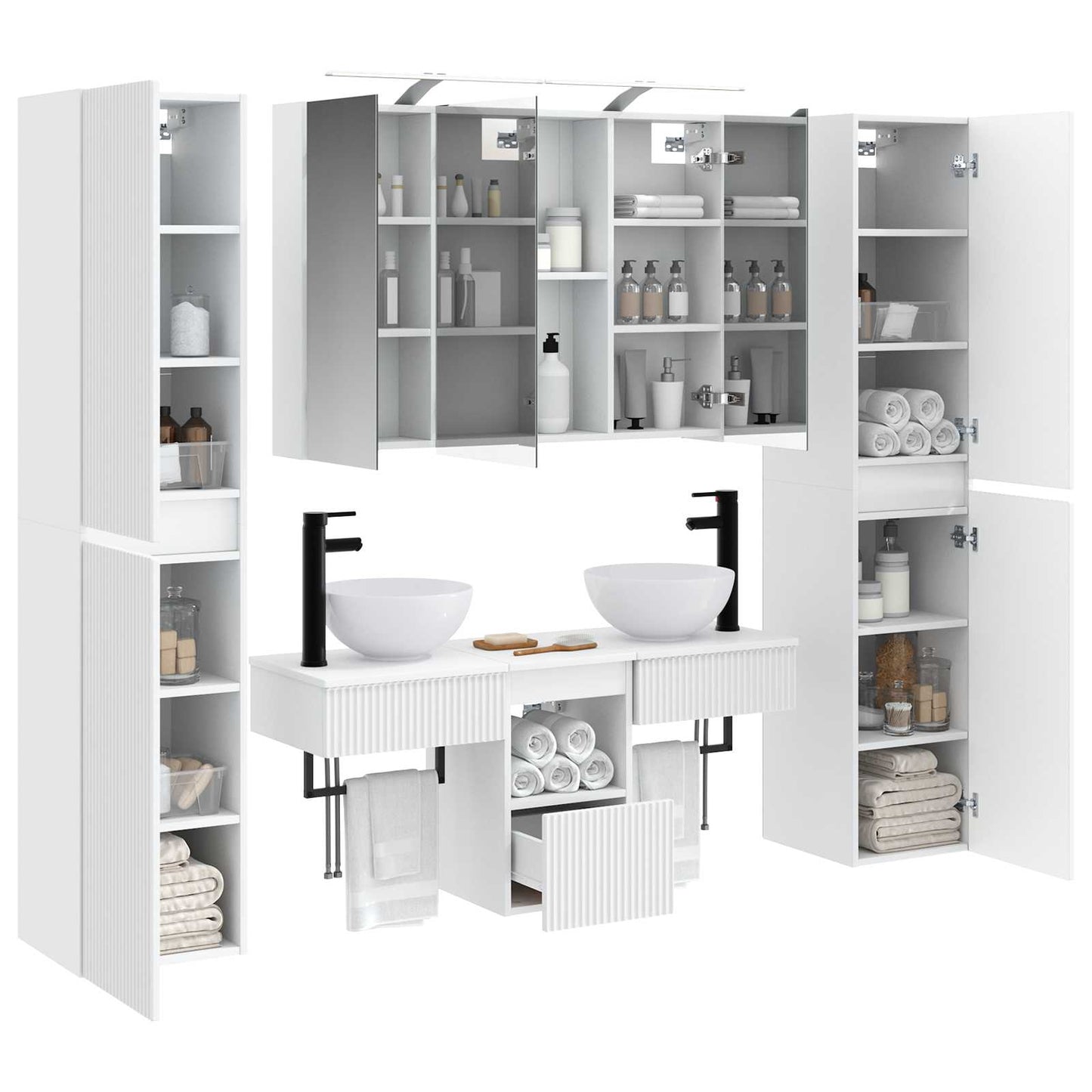 Bathroom Furniture Set 6 pcs White Engineered Wood and Glass