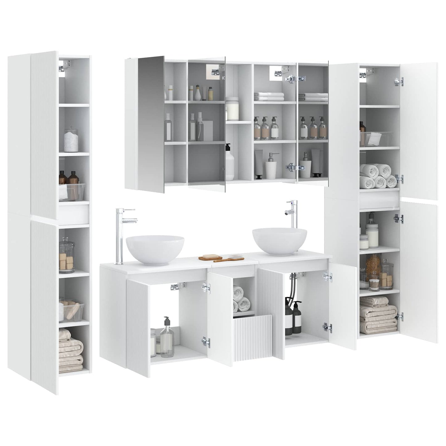 Bathroom Furniture Set 6 pcs White Engineered Wood and Glass