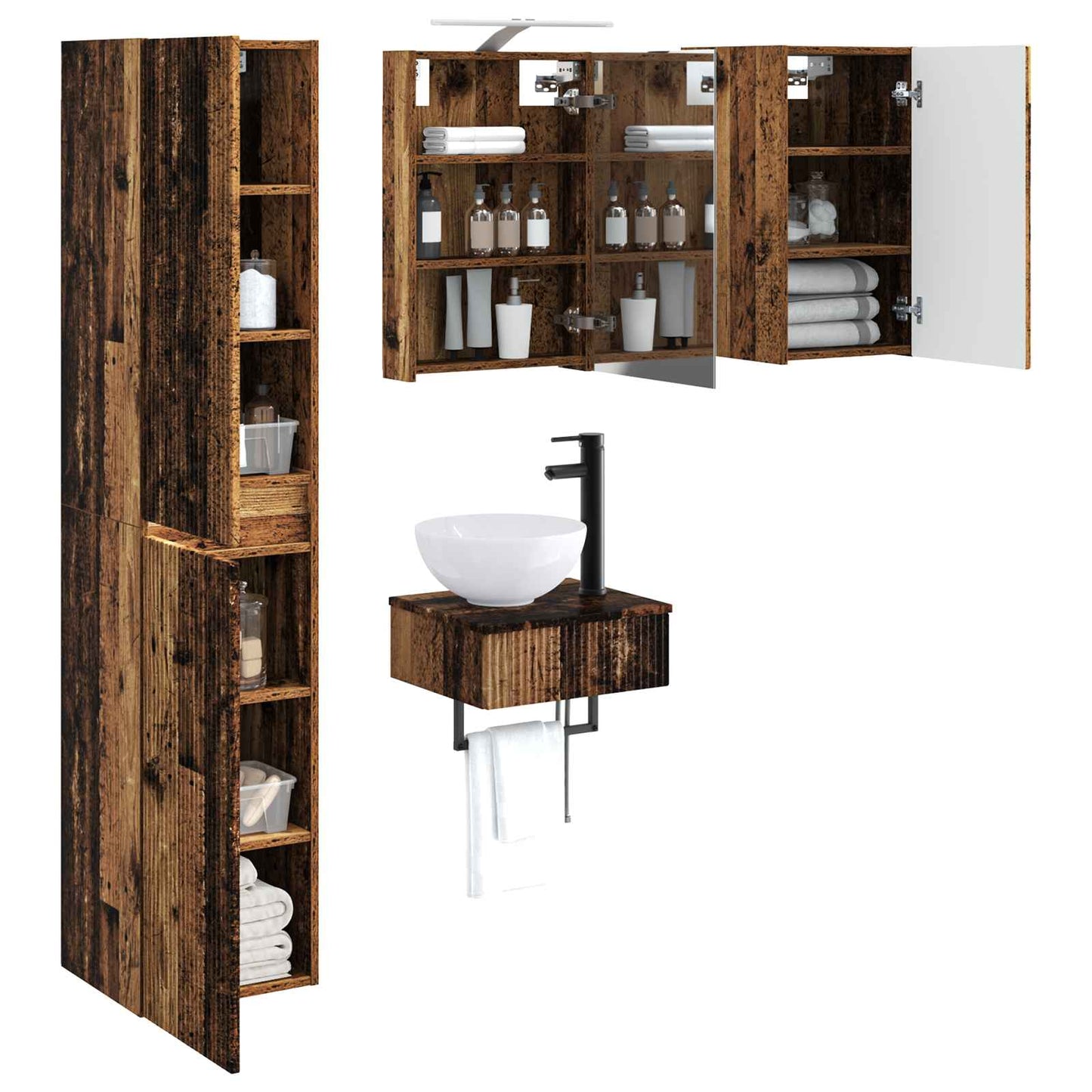 Bathroom Furniture Set 5 pcs Old Wood Engineered Wood and Glass