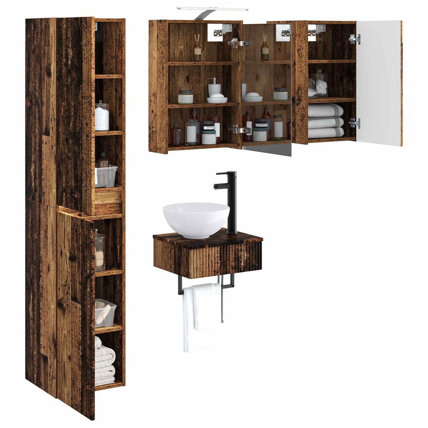 Bathroom Furniture Set 5 pcs Old Wood Engineered Wood and Glass