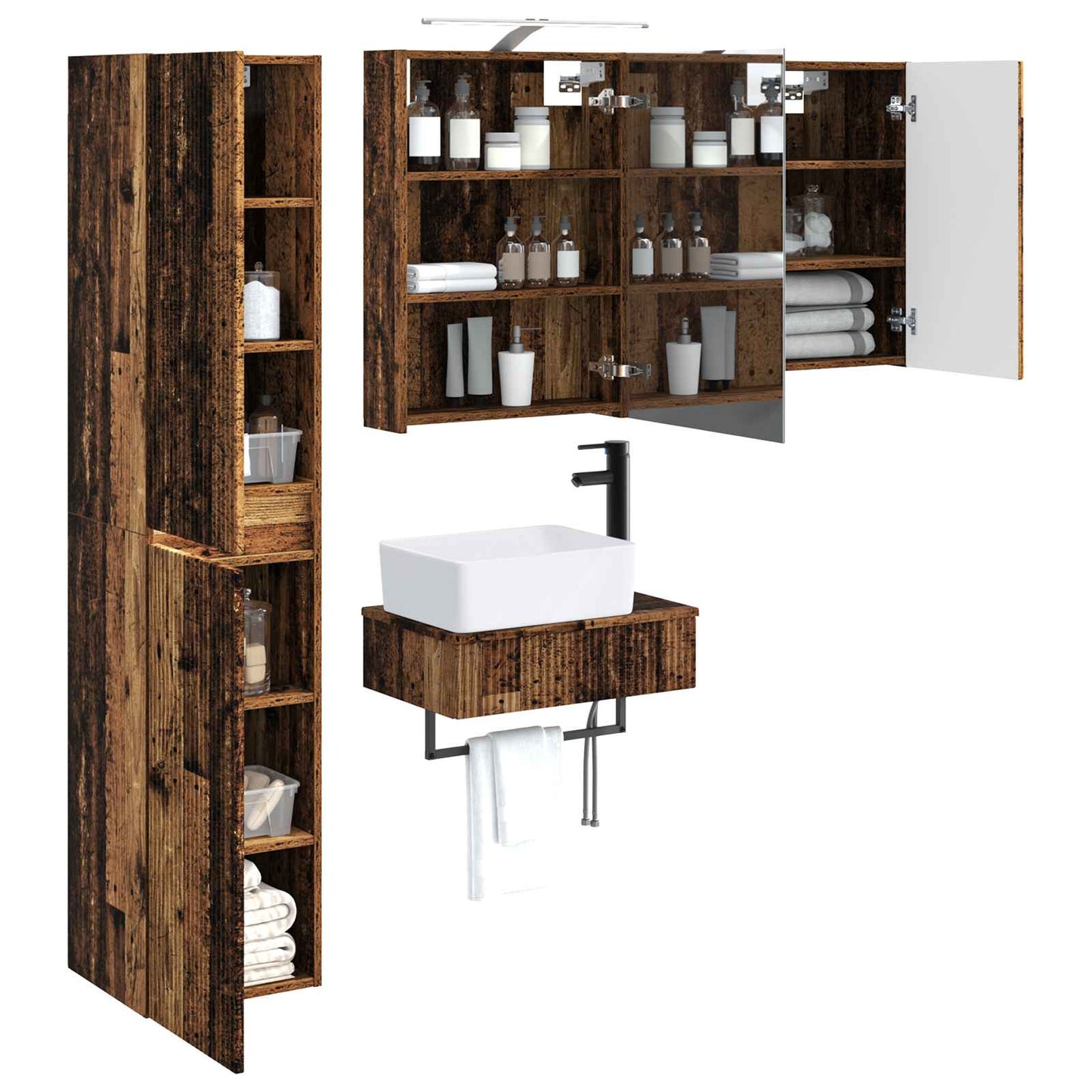 Bathroom Furniture Set 5 pcs Old Wood Engineered Wood and Glass