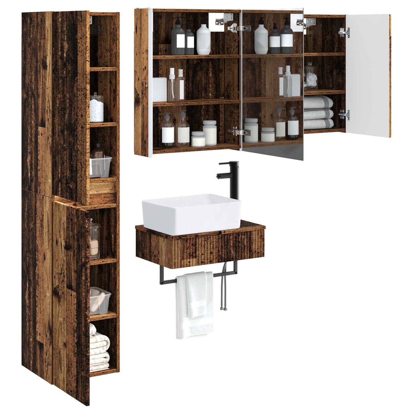 Bathroom Furniture Set 5 pcs Old Wood Engineered Wood and Glass