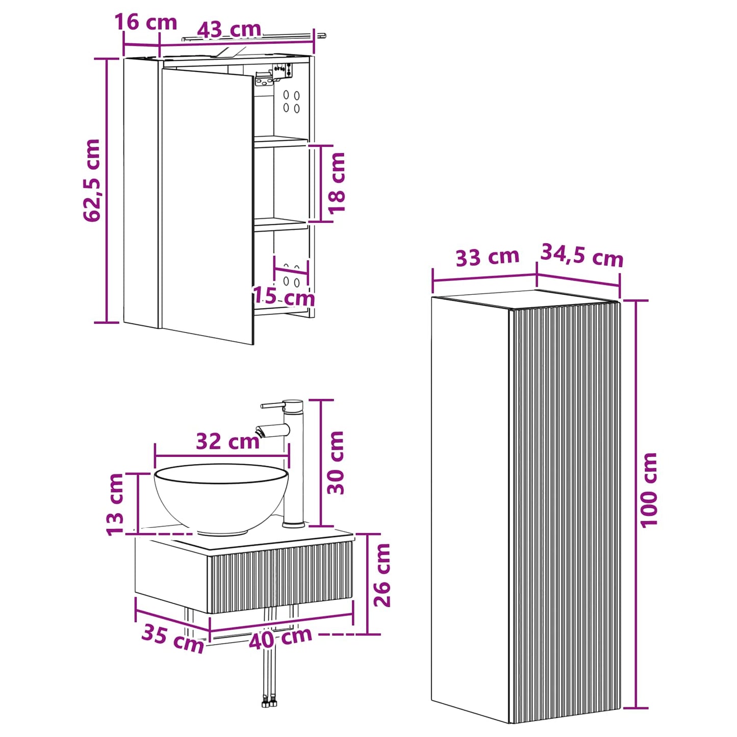 Bathroom Cabinet Set 4 pcs Old Wood 43 x 16 x 62.5 cm