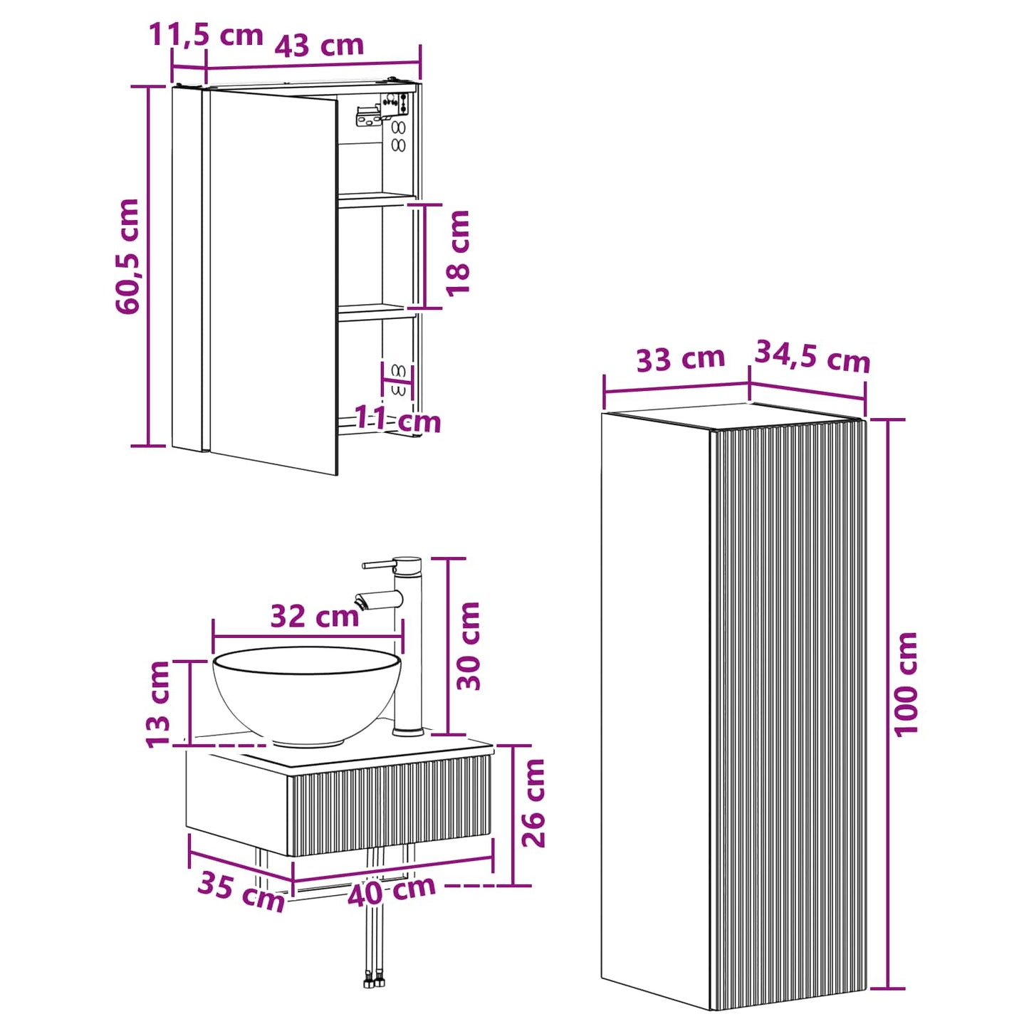 Bathroom Cabinet Set 4 pcs Old Wood 43 x 11.5 x 60.5 cm